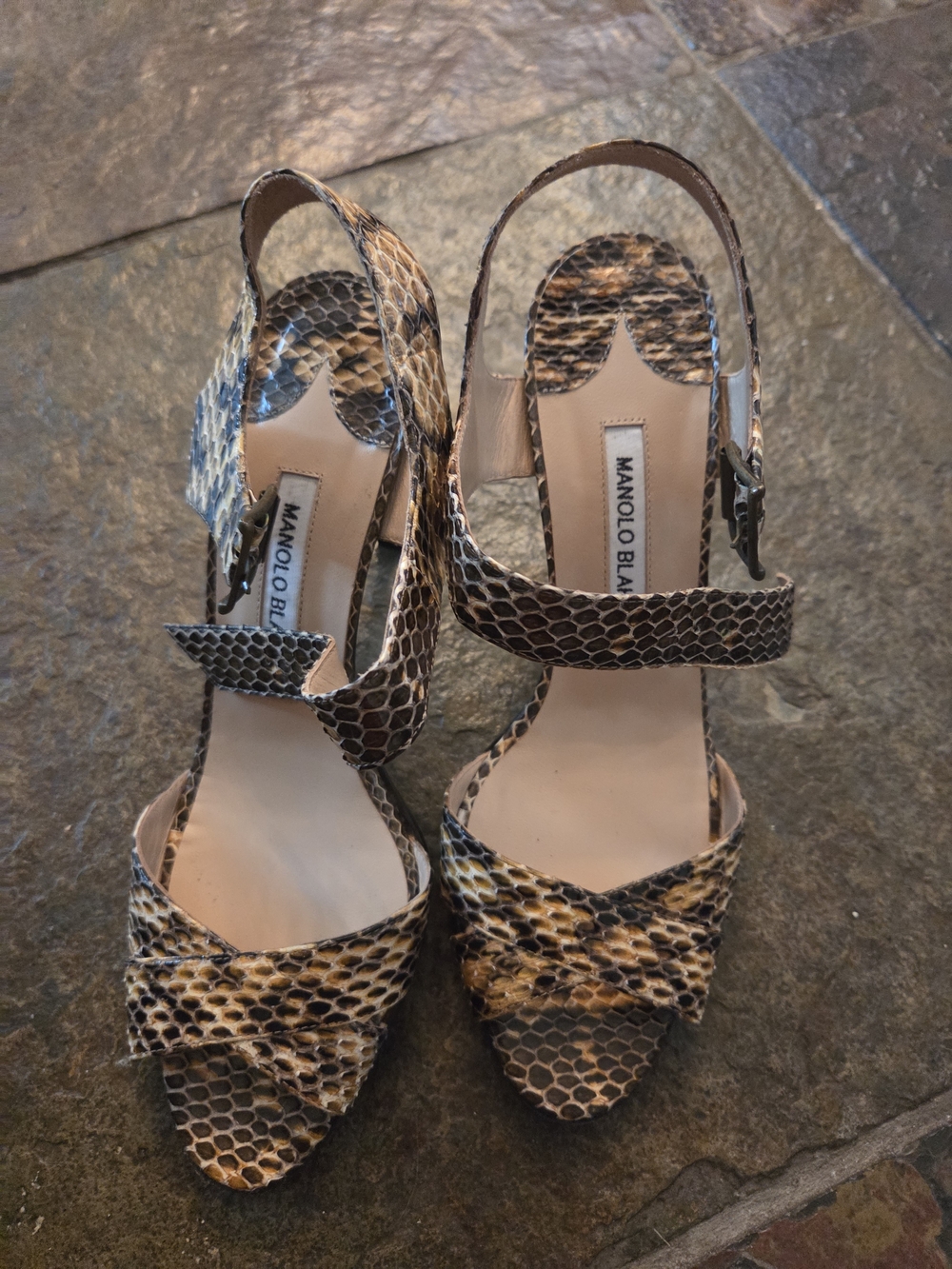 Manolo Blahnik Brown Snakeskin Slingback Sandals